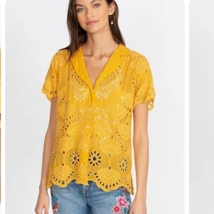 Johnny Was Yellow Merietta Button Down Blouse Size L